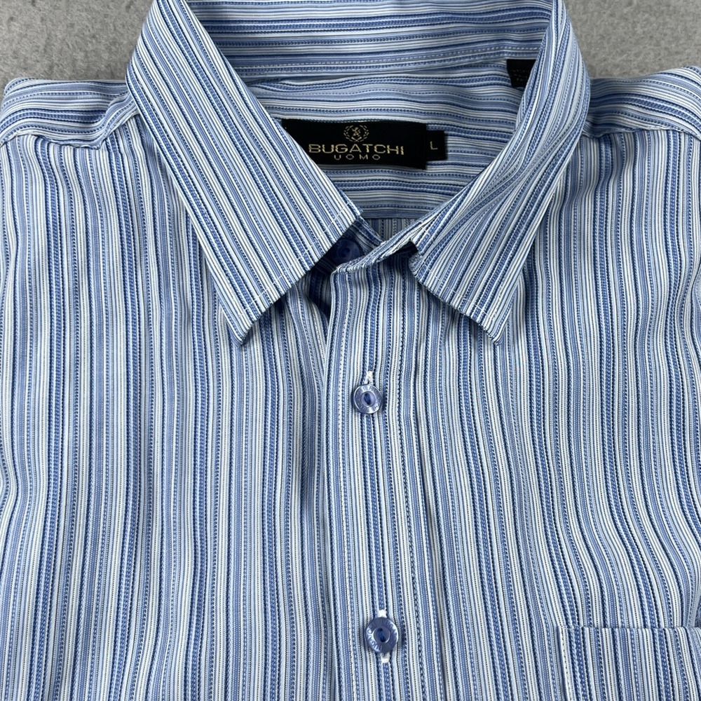 Bugatchi Uomo Mens Large Button Up s/s Casual Shirt Vertical Stripe Blue